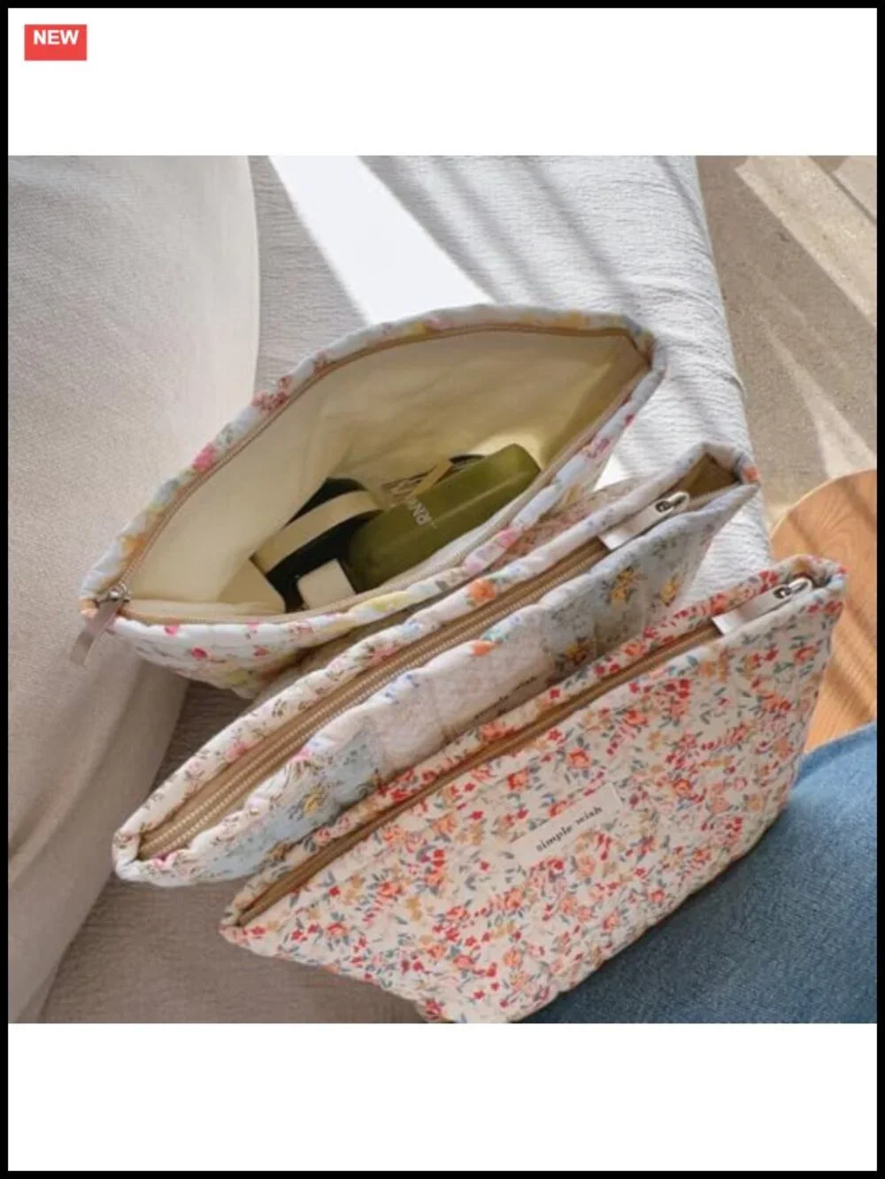 2 Piece Floral Quilted Makeup Bag Set, Large & Small Cotton Travel Toiletry